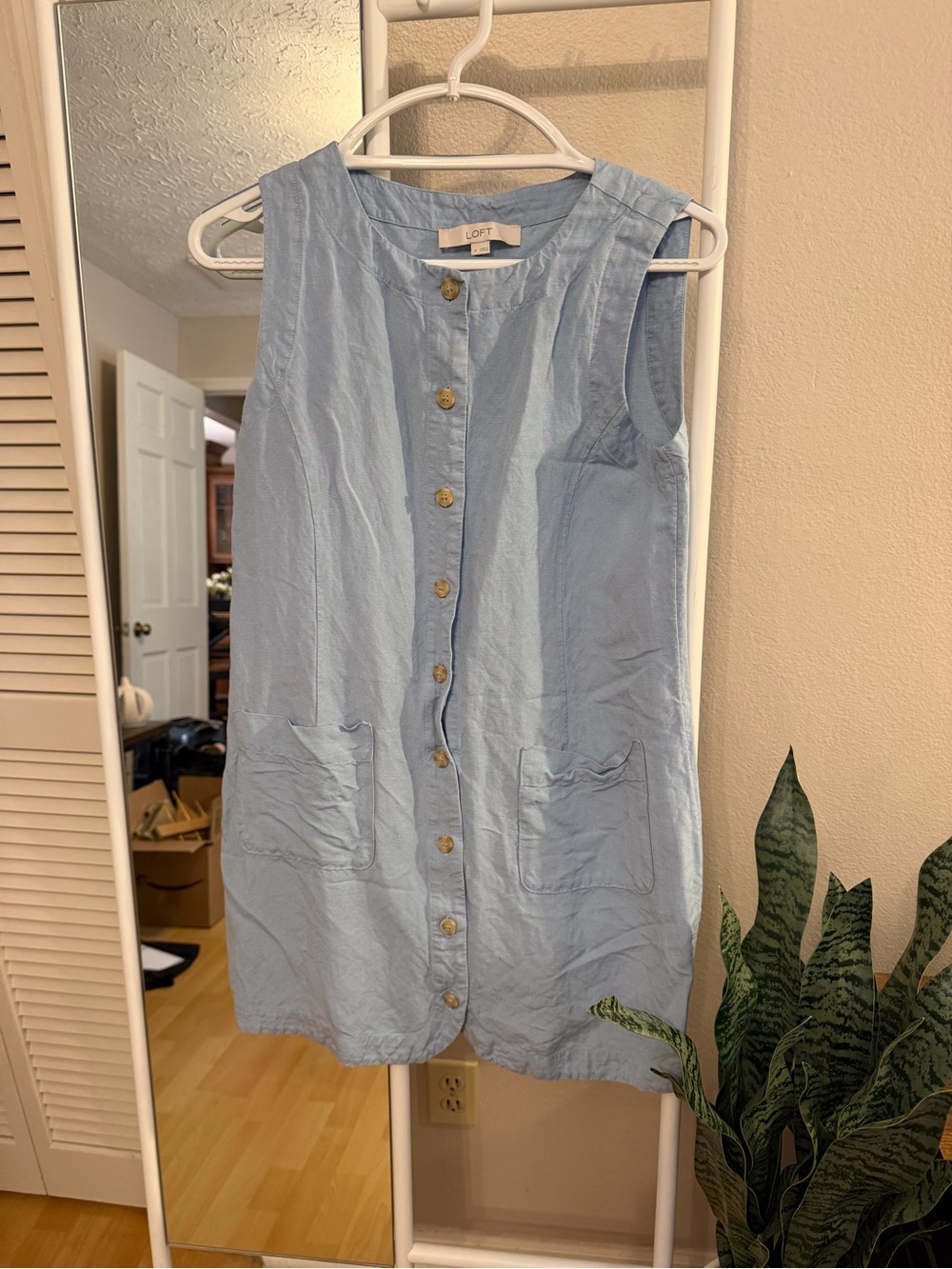 LOFT Pale Blue Sleeveless Button-Down Shift Dress